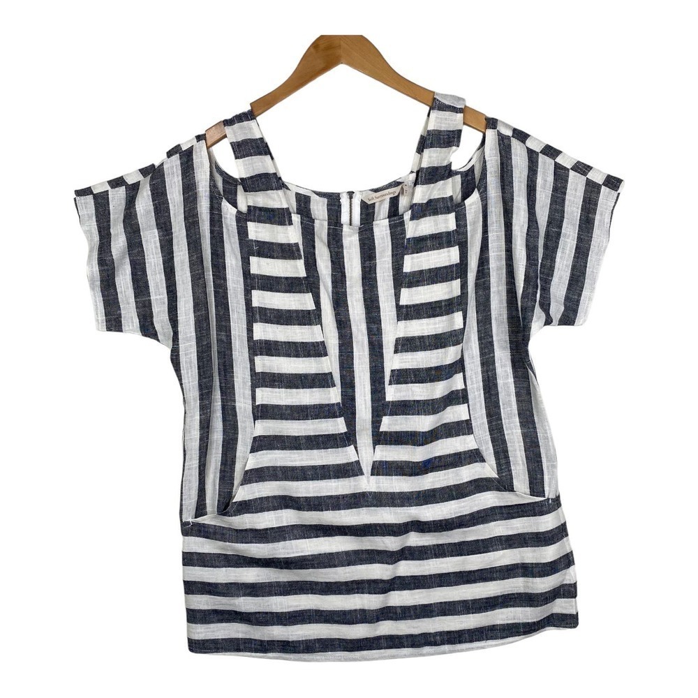Soft Surroundings Gray Tunic Cold Shoulder Linen Blend Striped Top Size Medium